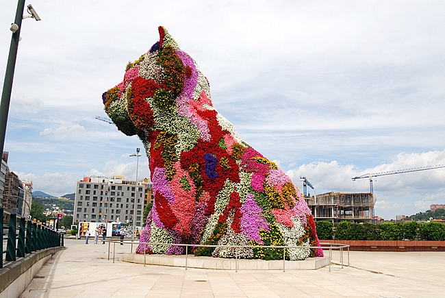 Perrito en la entrada del museo Guggenheim en Bilbao (Vizcaya)